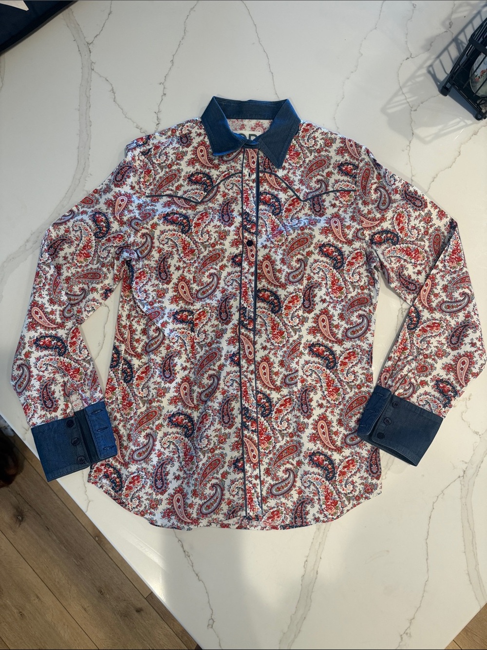 Women’s Paisley Button-Up Shirt with denim Collar and Cuffs